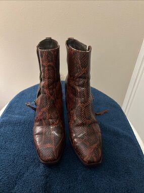 Sam Edelman Red Brown Snake-Print Heeled Ankle Boots